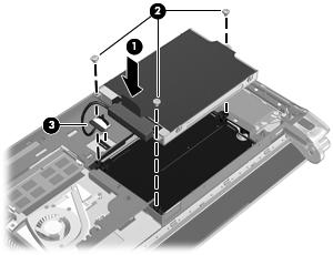 4. Grasp the tab on the hard drive cable connector (3), and then carefully press the hard drive cable connector onto the system board until it snaps into place. 5.
