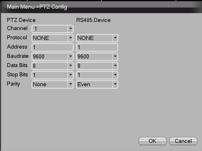 3. Please make settings via Main Menu - System - PTZ Config before operation ( see following picture A), which should comply with the parameters of PTZ. Click Sure after settings done. 图 A 12.