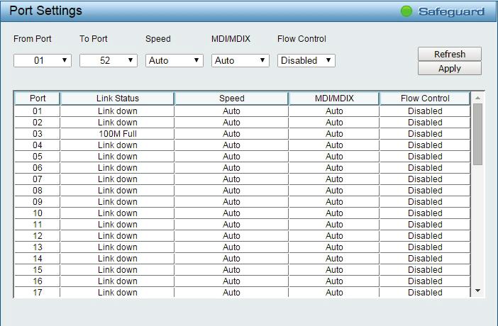 Figure 4.24 System > Port Settings Speed: Gigabit Fiber connections can operate in 1000M Full Force Mode, Auto Mode or Disabled.