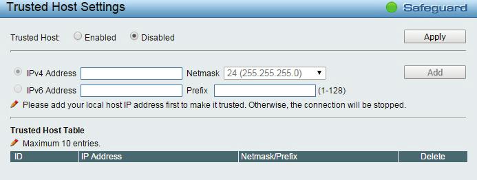 You can enter up to ten designated management stations networks by defining the IPv4 Address/Netmask or IPv6 Address/Prefix as seen in the figure below.