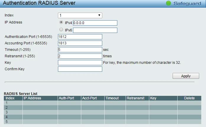 Figure 4.94 AAA > RADIUS Server Index: Choose the desired RADIUS server to configure: 1, 2 or 3. IP Address: Select IPv4 or IPv6 and enter the IP address.