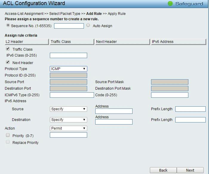 Figure 4.105 - Add Access Rule IPv6 ICMP IPv6 Class (0-255): Specify the class of access rule. The field range is from 0 to 255. ICMPv6 Type: Sets the ICMP Type field as an essential field to match.