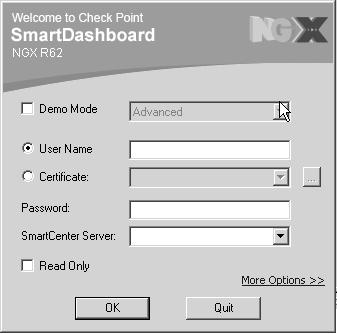 4 Installing SmartConsole NGX R62 To test the connection 1. Double click on the SmartDashboard R62 icon. The following login window appears: 2.