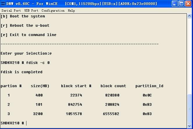 in uboot console create 3 partitions for inand as followings, SMDKV210#fdisk -c 0 www.armdesigner.