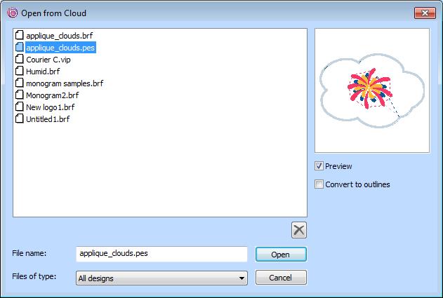 130 Pacesetter BES4 Dream Edition Instruction Manual To open a design from the Cloud: 1 Click the Pacesetter Button, and choose Cloud Open from Cloud from the menu. You see the Open from Cloud dialog.