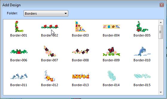 Special Design Tools 185 2 From the Folder drop-down list, choose one of the following categories: Accents Appliqué Shapes Backgrounds Borders Connectors Connectors, when used between individual