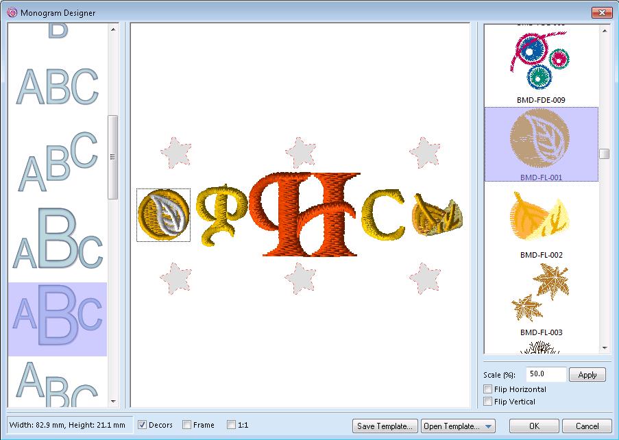 194 Pacesetter BES4 Dream Edition Instruction Manual Adding Decors to a Monogram In the Monogram Designer dialog, you can add small decorative designs, called decors, to embellish your Monogram.