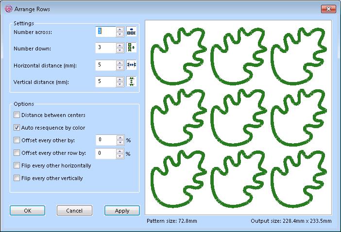 Special Design Tools 209 Using the Arrange Rows Tool The Arrange Rows tool takes the selected design object and makes copies, which are arranged in a regular pattern of rows and columns in the