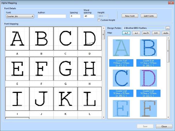 Creating Lettering 71 8 To map the remaining letters of the new font, select a range of designs and do one of the following: Click the A-Z button to map the designs to the upper-case letters (A, B, C.