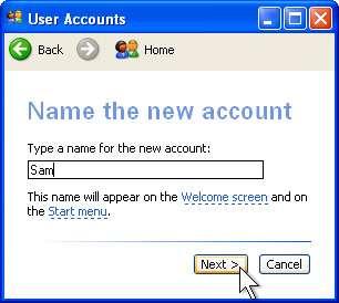 4. In the User Accounts wizard, on the Name the new account page, type the name for the user. You can use the person's full name, first name, or a nickname.