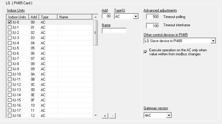 LG (PI485 Card) interface configuration parameters: 1 2 3 4 5 6 7 8 9 Figure 3.4 LG AC Configuration 1. Indoor Units list.