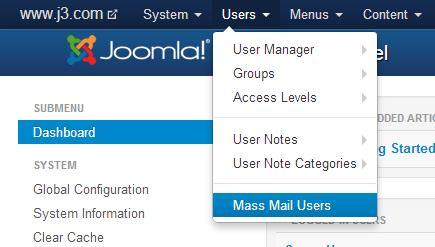 Mass Mail Users The Mass Mail User interface allows anyone from the Joomla Super Administrator User group to Email messages to registered users of the Joomla website.