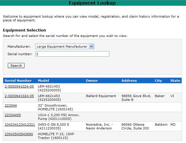 Equipment Lookup Equipment Selection Dealer Experience Equipment Selection allows users to search for a piece of equipment by using a combination of manufacturer and partial or full serial number.