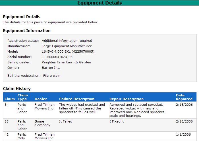 Equipment Lookup Equipment Details The Equipment Details screen displays a summary of registration details along with the Claim History for the piece of equipment.