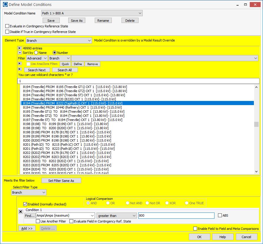 Overridden Model Condition Bright yellow on dialogs and comment indicate that a Model