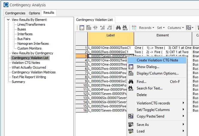 Can also be created from Contingency Violation List table with local menu option Create Violation CTG Note
