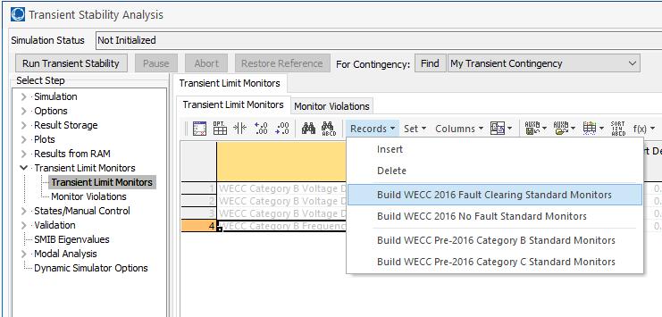 Transient Stability Transient Limit Monitor WECC voltage criteria monitoring is now available built-in to Simulator Selecting option from local menu for Transient Limit Monitors will create