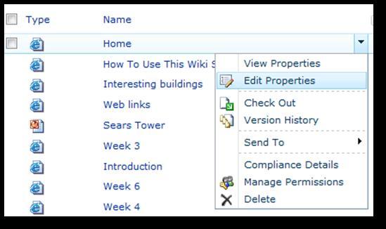 b) Rename Home page: When you hover your mouse over the Home link a downwards arrow appears.