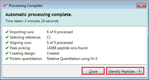 You can either: Continue with the analysis, as the Processing dialog is not displaying any warnings, and perform Identify Peptides.
