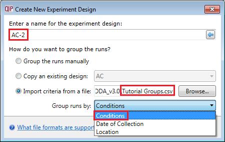 To use this approach select the Import design from file option from the New Experiment Design dialog. Then locate the Tutorial Groups file and select what to Group by, for example: Conditions.
