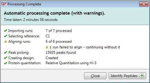 For example: a run that fails to automatically align will trigger a warning, although analysis will continue; the automatic processing dialog will prompt you to drop-off at the Review Alignment stage