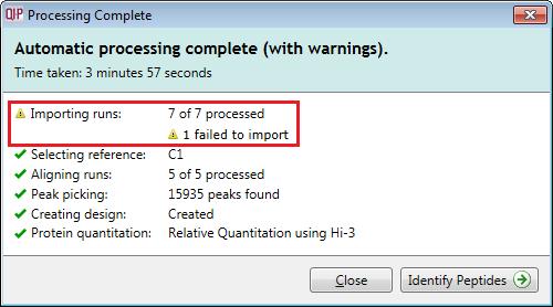 If some runs fail to import (but not all), the automatic processing will continue, informing you that one or more runs have failed to import.
