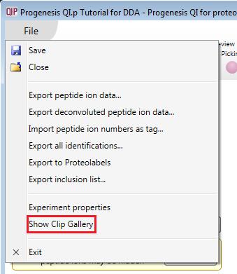 To view, edit and/or export from the clip galley the gallery can be accessed from the File menu.