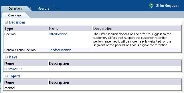 Figure 2 40 shows the Definition report for the OfferRequest advisor. Figure 2 40 Advisor Definition Report 2.4.2.2 Advisor Measure Report The Advisor Measure report describes the statistics for an advisor for a particular time window.