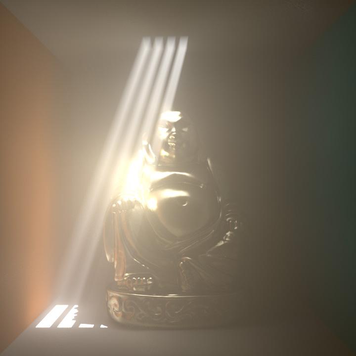 Figure 10: Full global illumination for the BUDDHA, CARS, and SMOKYROOM scenes, including the sum of the four components from Figures 7 and 9 as well as caustics computed using progressive photon