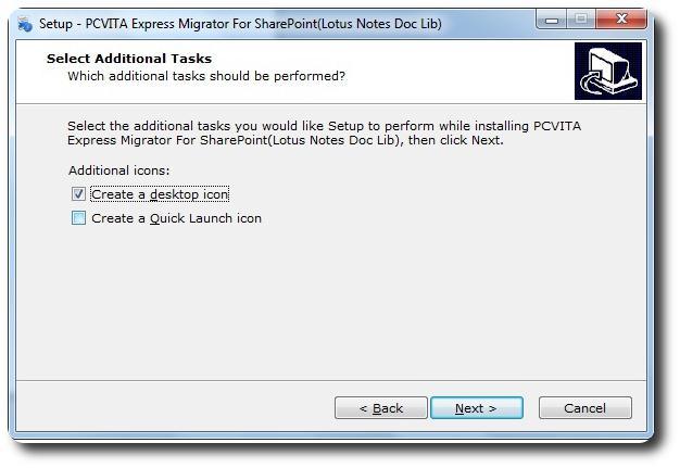 Location and setup types The installer offers a default destination directory where PCVITA Express Migrator for SharePoint (Lotus Notes Doc Lib) be