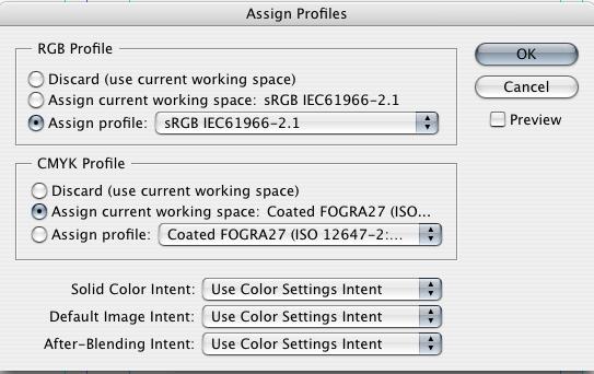 Assign Profiles (The same across Adobe Suite) Edit > Assign Profile > Match Screenshot by selecting the appropriate choices.