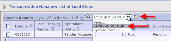 The parameters are Stop Type: Pick and Load Operational Status: Tender Accepted.