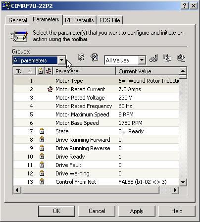 Set Application Parameters Select the Parameters tab to access DeviceNet and drive parameters and set the parameters according to the application.