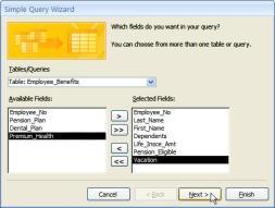 0 Click down-pointing arrow right of Tables/Queries box then click Table: Employee_Benefits.
