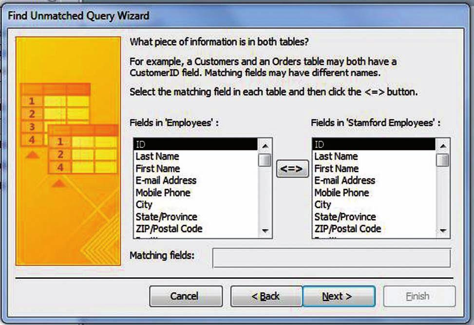 Click the Next > button to display the next screen in the Find Unmatched Query Wizard, shown in Figure 7-16. Figure 7-16 Find Unmatched Query Wizard, screen 2 4.