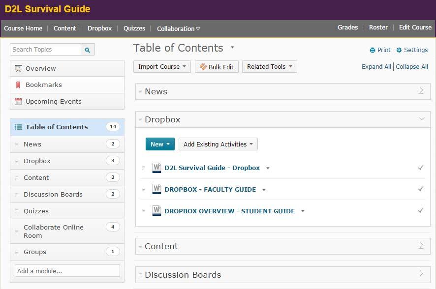CONTENT The Content tool is used to organize course materials, such as the syllabus, lecture notes, readings, etc.