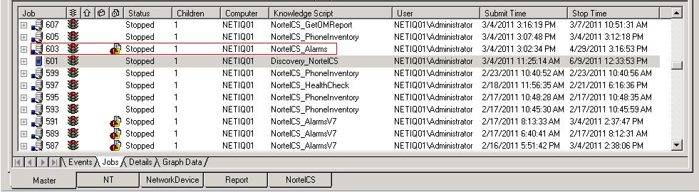 However, a user can start the job manually by clicking on the Traffic Light symbol. Figure 11: Window showing the Job NortelCS_Alarms 6.5.