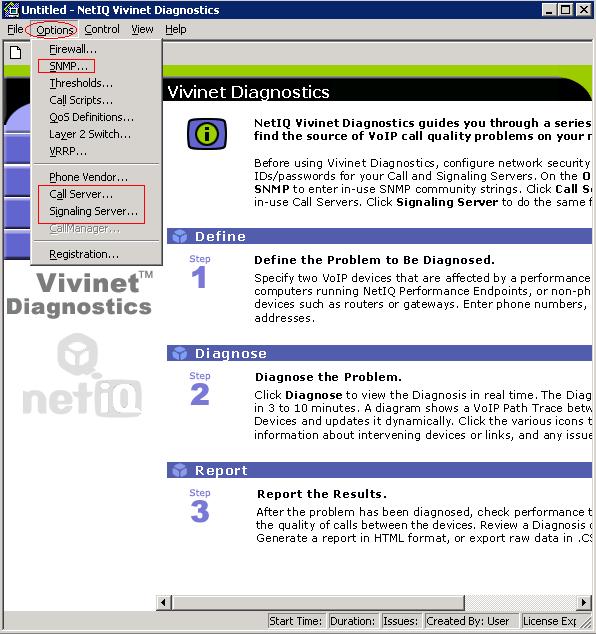 Access the NetIQ Vivinet Diagnostics window by navigating to Start > All Programs > NetIQ Vivinet Diagnostics. Select Options as shown in Figure 12 below.