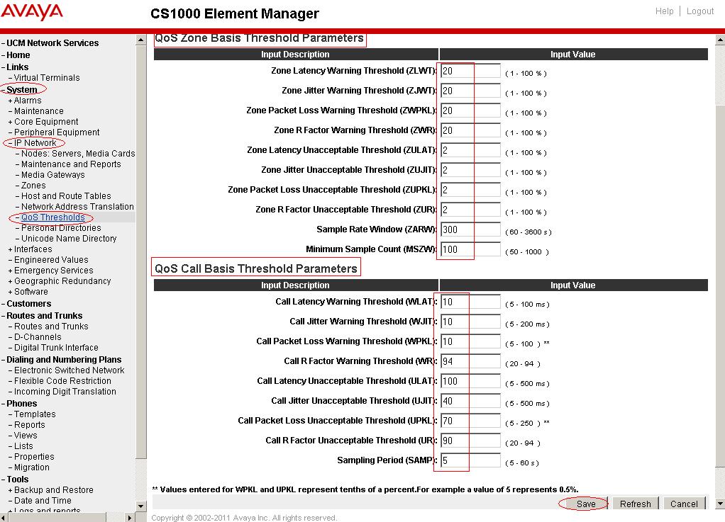 5.2. Setting QoS Zone and Call Basis Threshold Parameters Access the CS1000 Element Manager via the Unified Communication Manager (Not shown). Navigate to System > IP Network > QoS Thresholds.