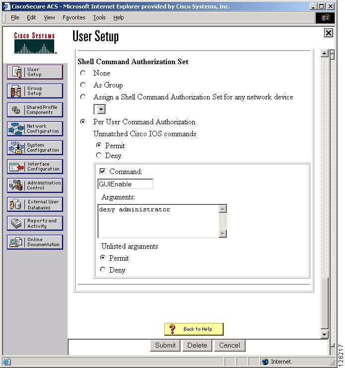 Chapter 4 Managing GSS User Accounts Through a TACACS+ Server Configuring a TACACS+ Server for Use with the GSS 3. Scroll to the Shell Command Authorization Set section of the User Setup page. 4. Click the Per User Command Authorization checkbox.