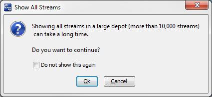 Tip: If you check the Do not show this again check box, you can restore this dialog box by clearing the Skip "Show All Streams" checkbox on the General tab of the AccuRev Preferences dialog box