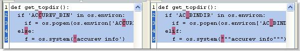 Both sections contain red character highlights, indicating the first location in a line where the two versions differ: If a text block has been moved from one location in the file to another, the