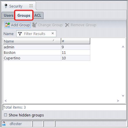 The Security/Groups Subtab The Groups subtab of the Security tab displays the repository's set of user groups. Individual users can be members of any number of groups.