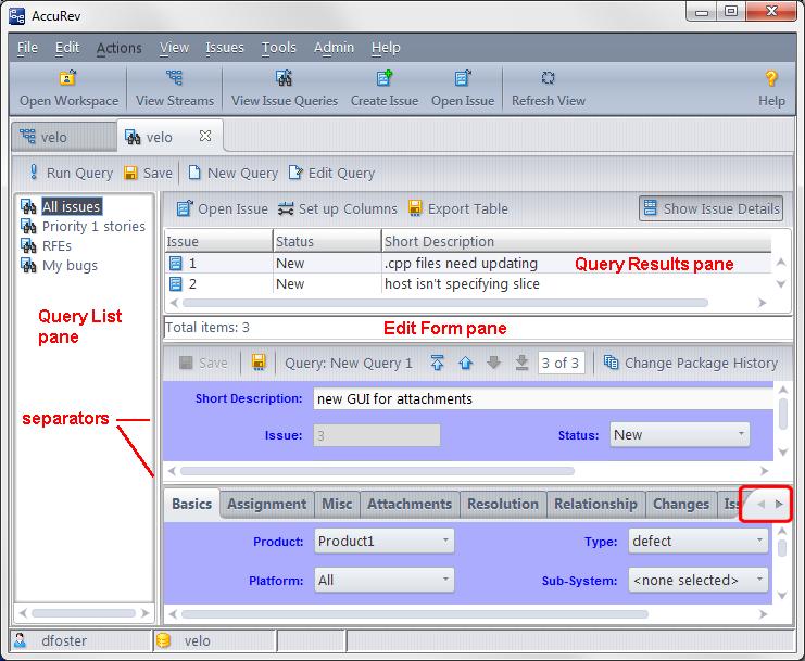 Query Tab Layout The Query tab contains three panes, each with its own toolbar: The Query List pane lists the names of all your existing private queries, along with public queries available to all