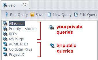 Query List Pane Layout The Query List pane contains a list of the private queries you've defined for the current depot, along with any public queries defined by you and/or other users.