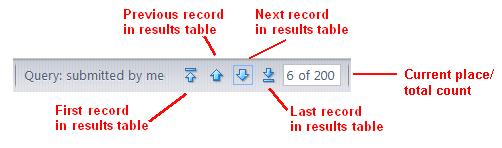 The browse buttons in the Query Issue form pane's toolbar makes it easy to visit all the records in the Query Results pane table.