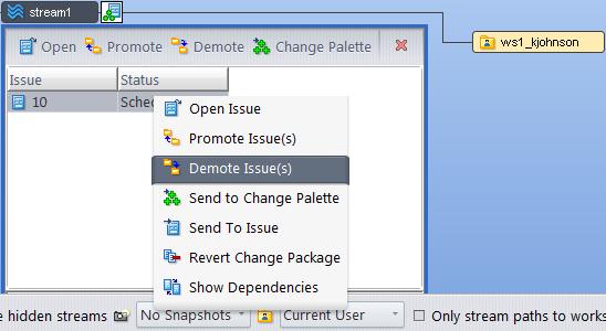 or right-click the issue(s) and select Demote Issue(s) from the context menu: If more than one child stream or workspace exists for the current stream, the Choose a destination for the demote dialog