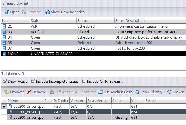 Stream Issues Tab Layout The Stream Issues tab includes two panes, each with its own toolbar: The upper Issues pane displays selected fields from the issue records whose change packages are "in the