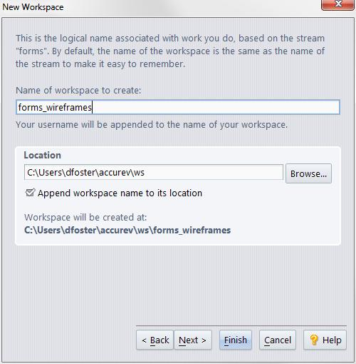 The New Workspace Command: Screen 2 of 3 Choosing a Name and Location for the Workspace) Name of Workspace to Create No two workspaces in the same AccuRev repository can have the same name, even if