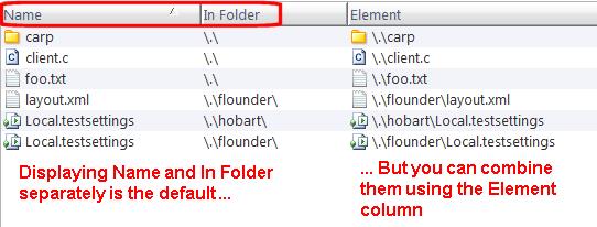 Display the object's simple name (Name column) separately from the pathname to its parent directory (In Folder column).